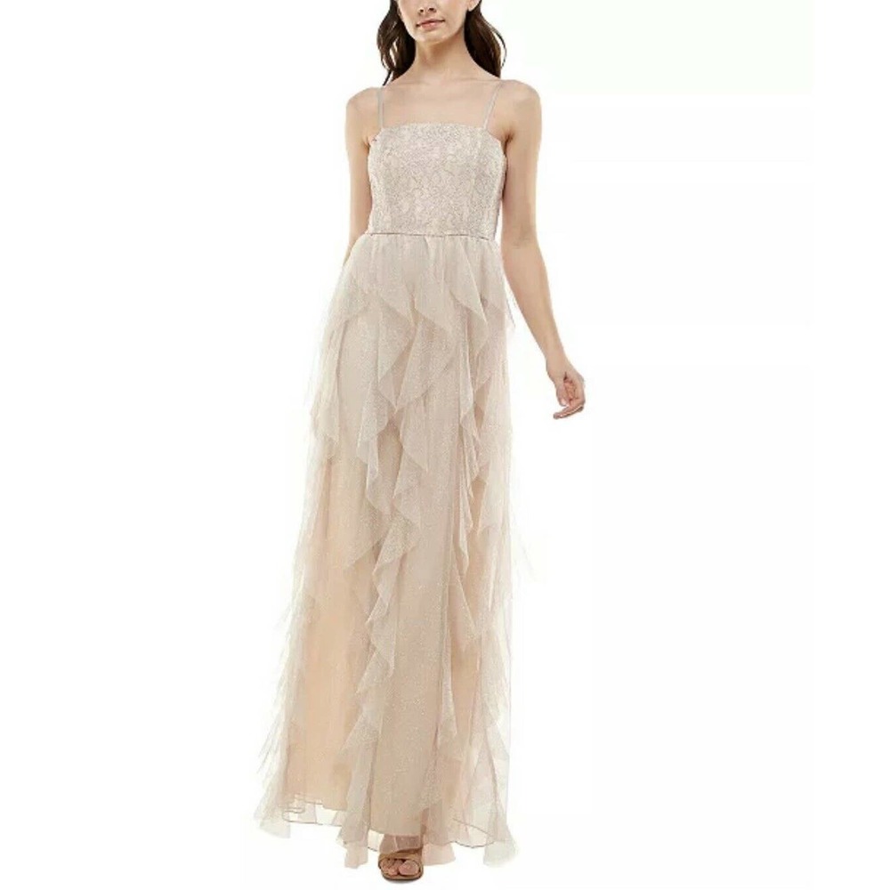 Juniors Speechless Champagne Rose Beige Sparkle Lace Ruffle Prom Dress Size 9